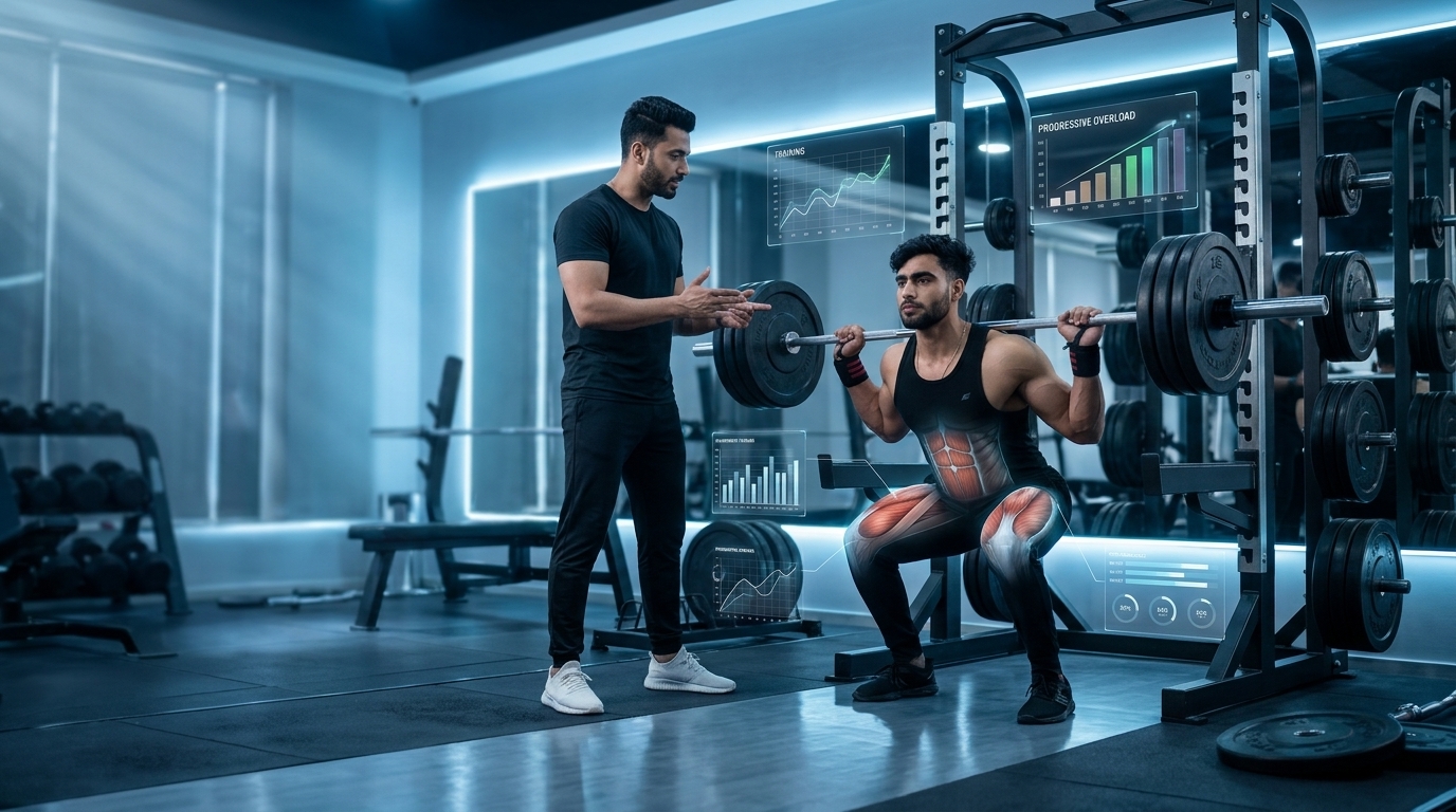Fitness coach teaching proper muscle-building techniques in a modern gym