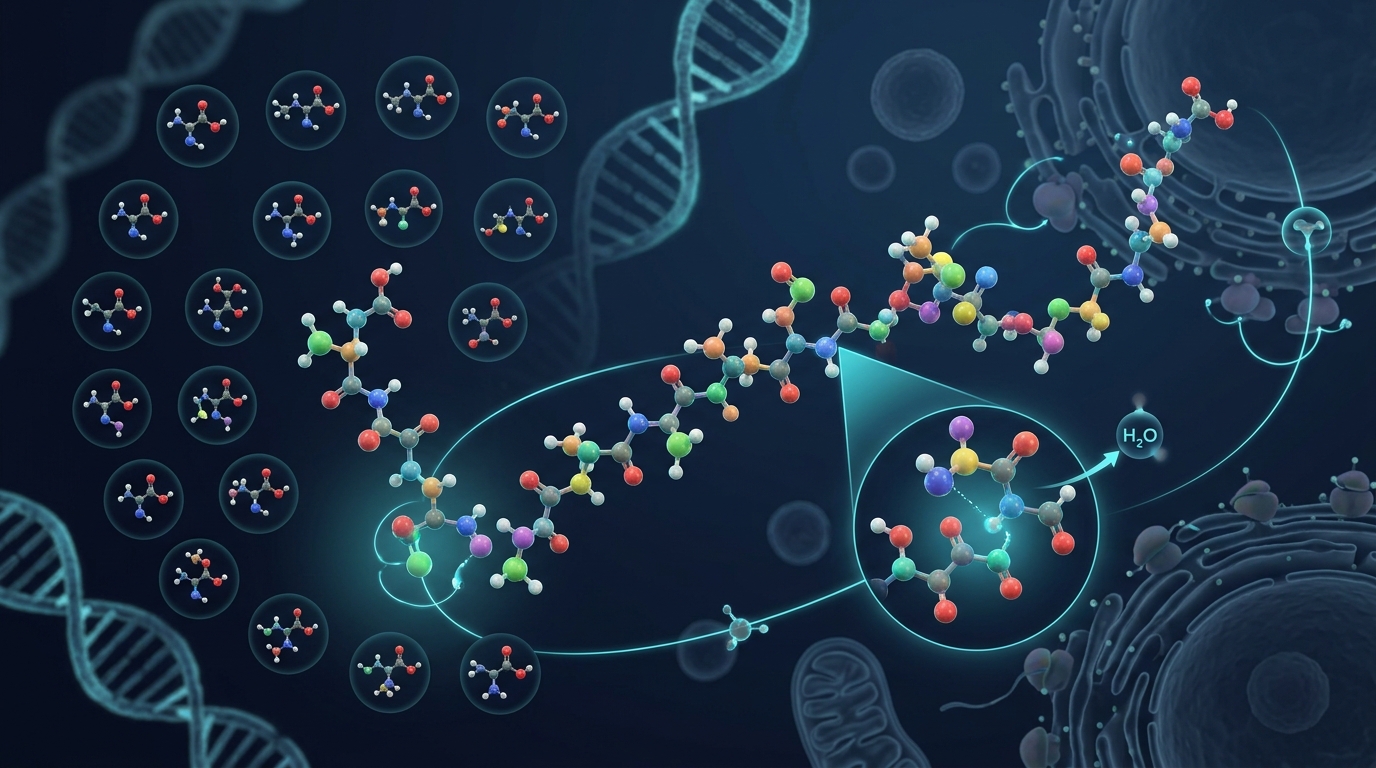 Illustration showing amino acids joining together to form a protein chain.