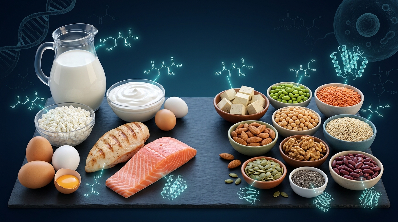 Illustration showing a variety of high-quality animal and plant protein sources.