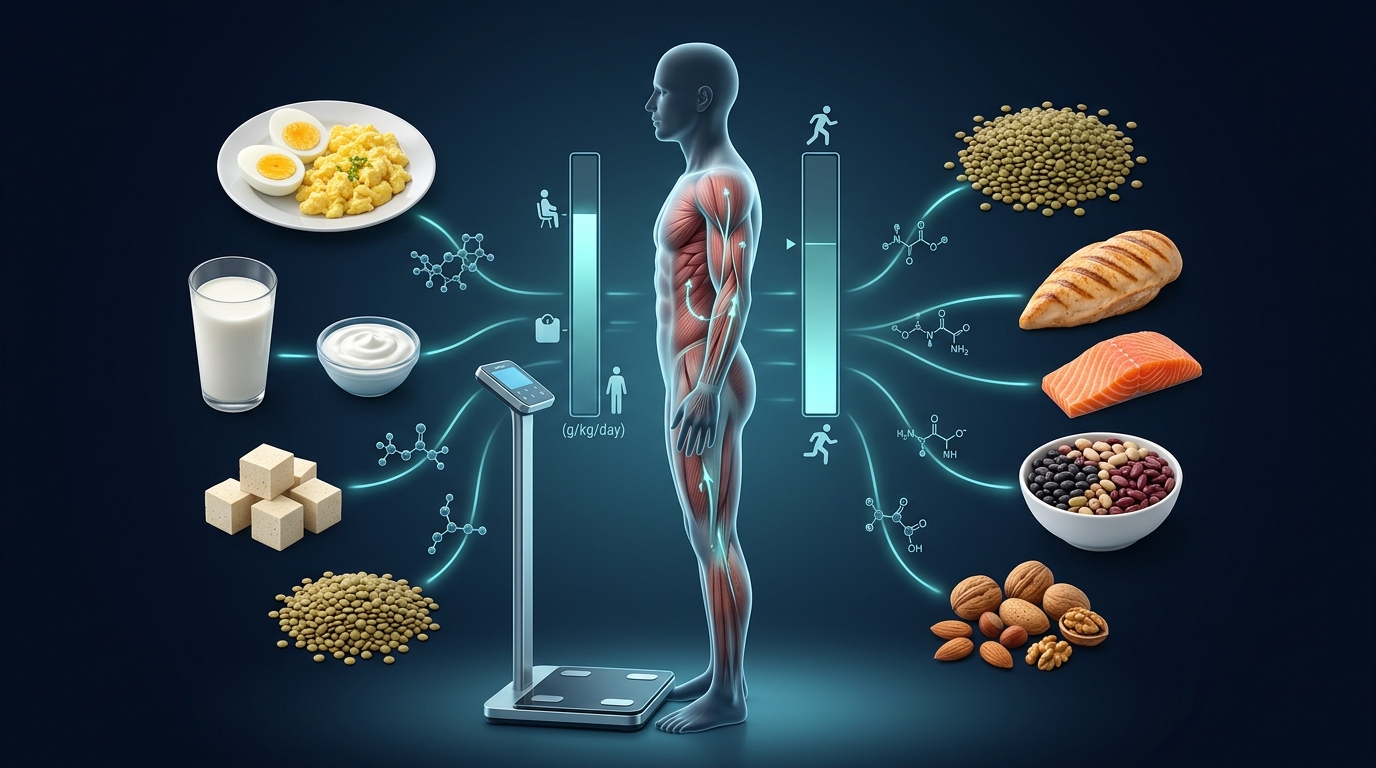 Illustration showing recommended daily protein intake based on body weight and activity level.