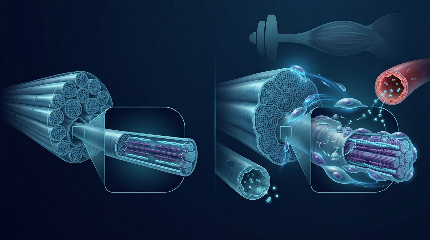 Illustration showing muscle fibers becoming thicker after resistance training and recovery.