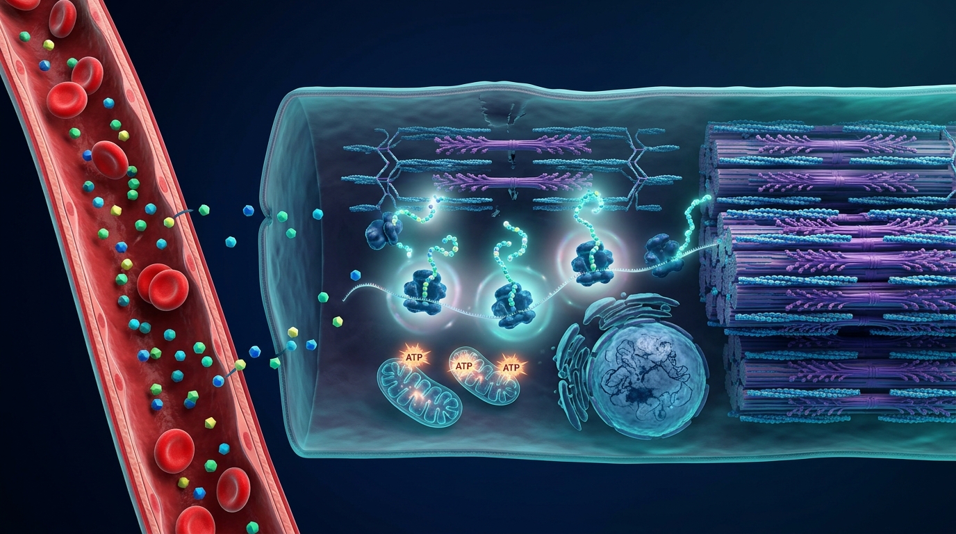 Illustration showing amino acids entering muscle cells and stimulating muscle protein synthesis.