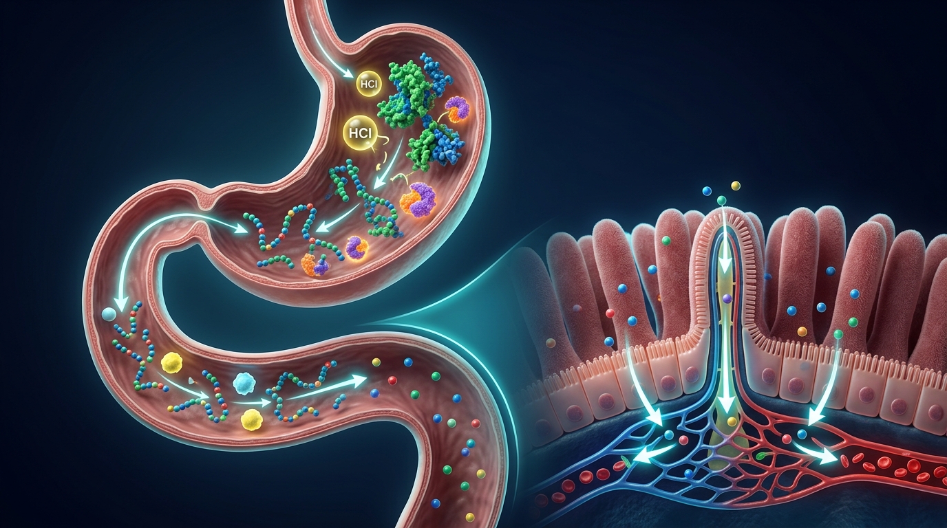 Illustration showing protein digestion from the stomach to the small intestine.