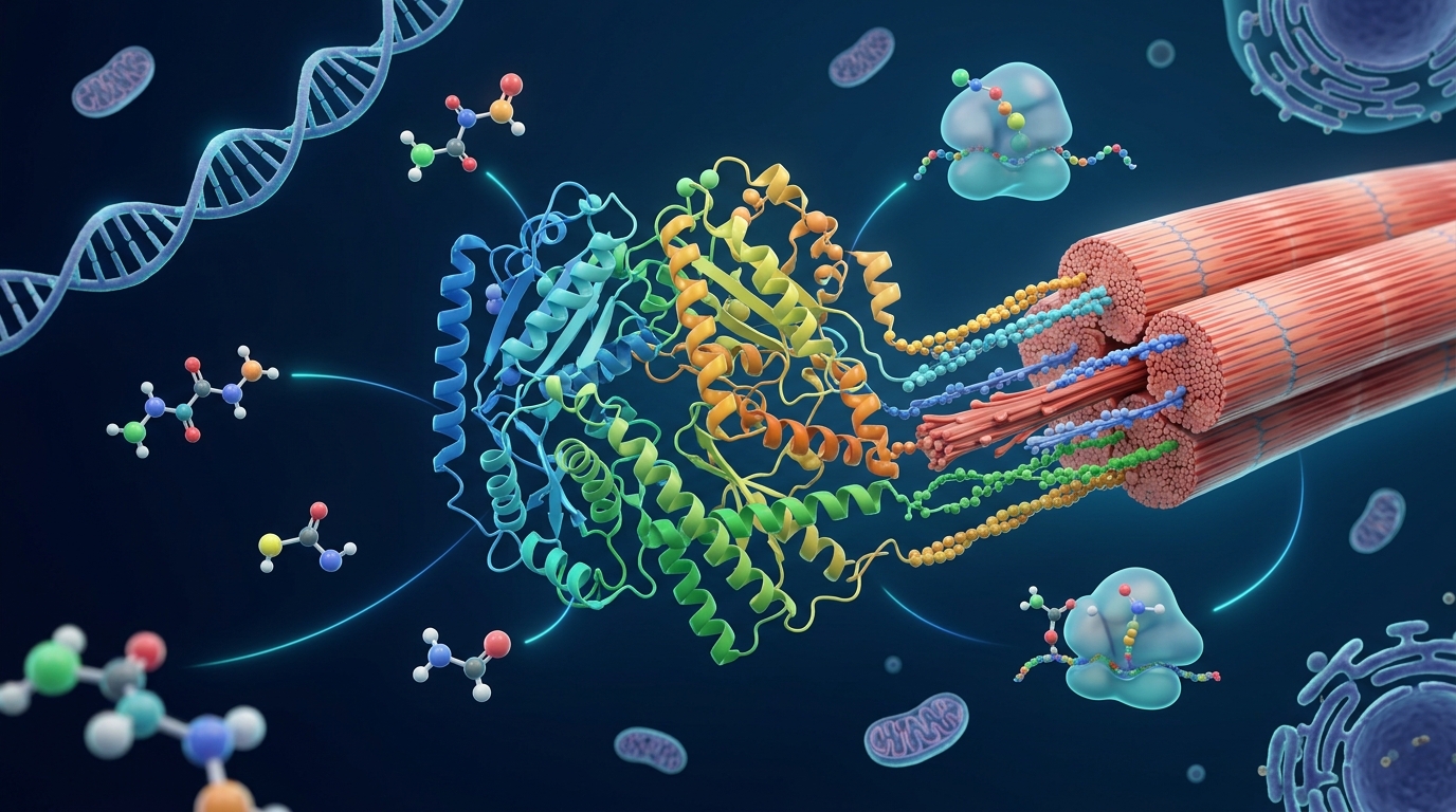 Illustration showing protein molecules supporting muscle tissue.