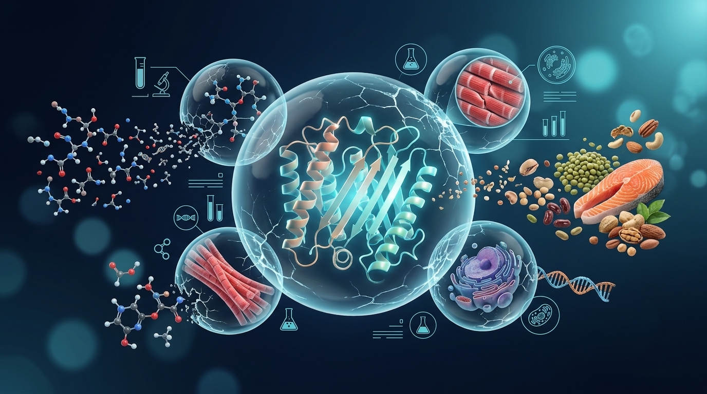 Illustration showing common protein myths being replaced with evidence-based nutrition facts.