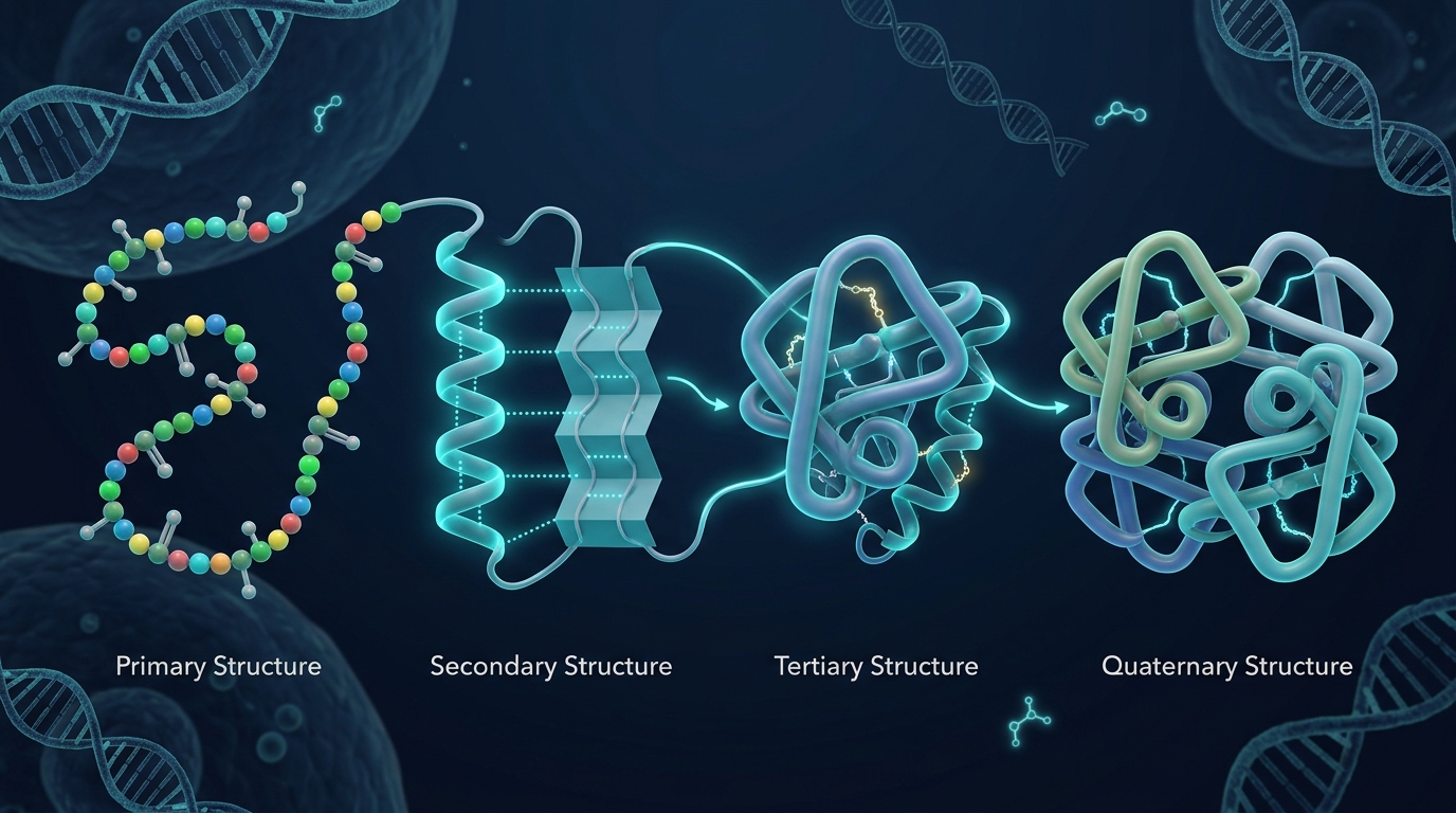 Illustration showing the four levels of protein structure.