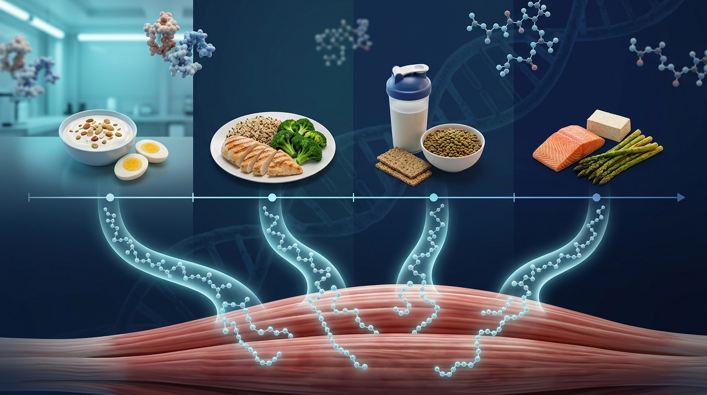 Illustration showing protein intake throughout the day to support muscle protein synthesis.