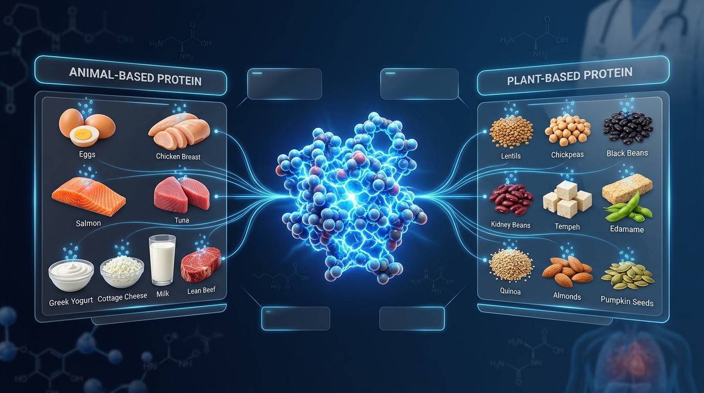 Scientific comparison of animal-based and plant-based protein-rich foods with their nutritional benefits.