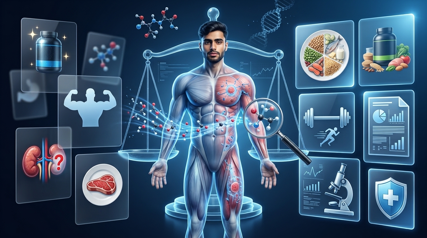 Scientific illustration comparing common protein myths with evidence-based nutrition facts.