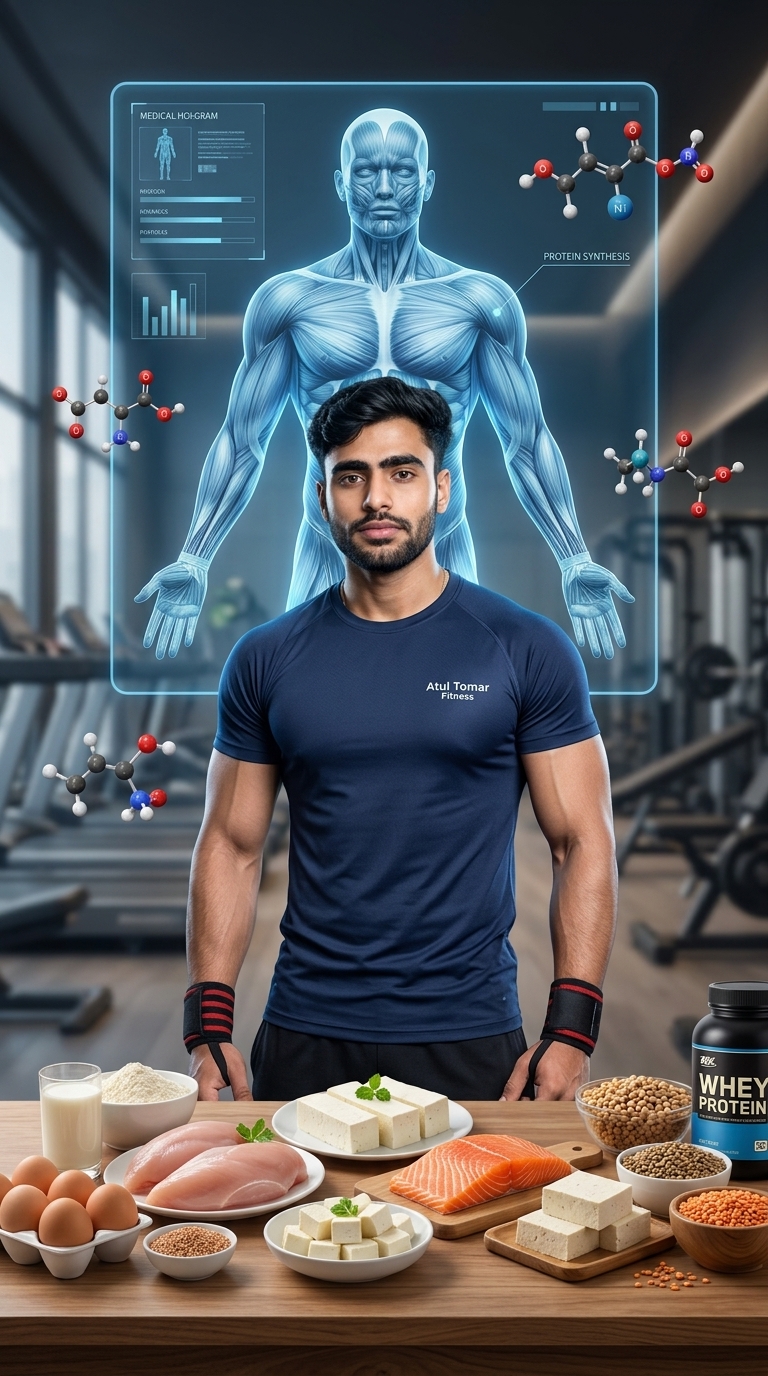 Complete Protein Guide showing high-protein foods including eggs, paneer, lentils, tofu, milk, fish, chicken, and a human muscular anatomy illustration representing muscle growth, recovery, and healthy nutrition.