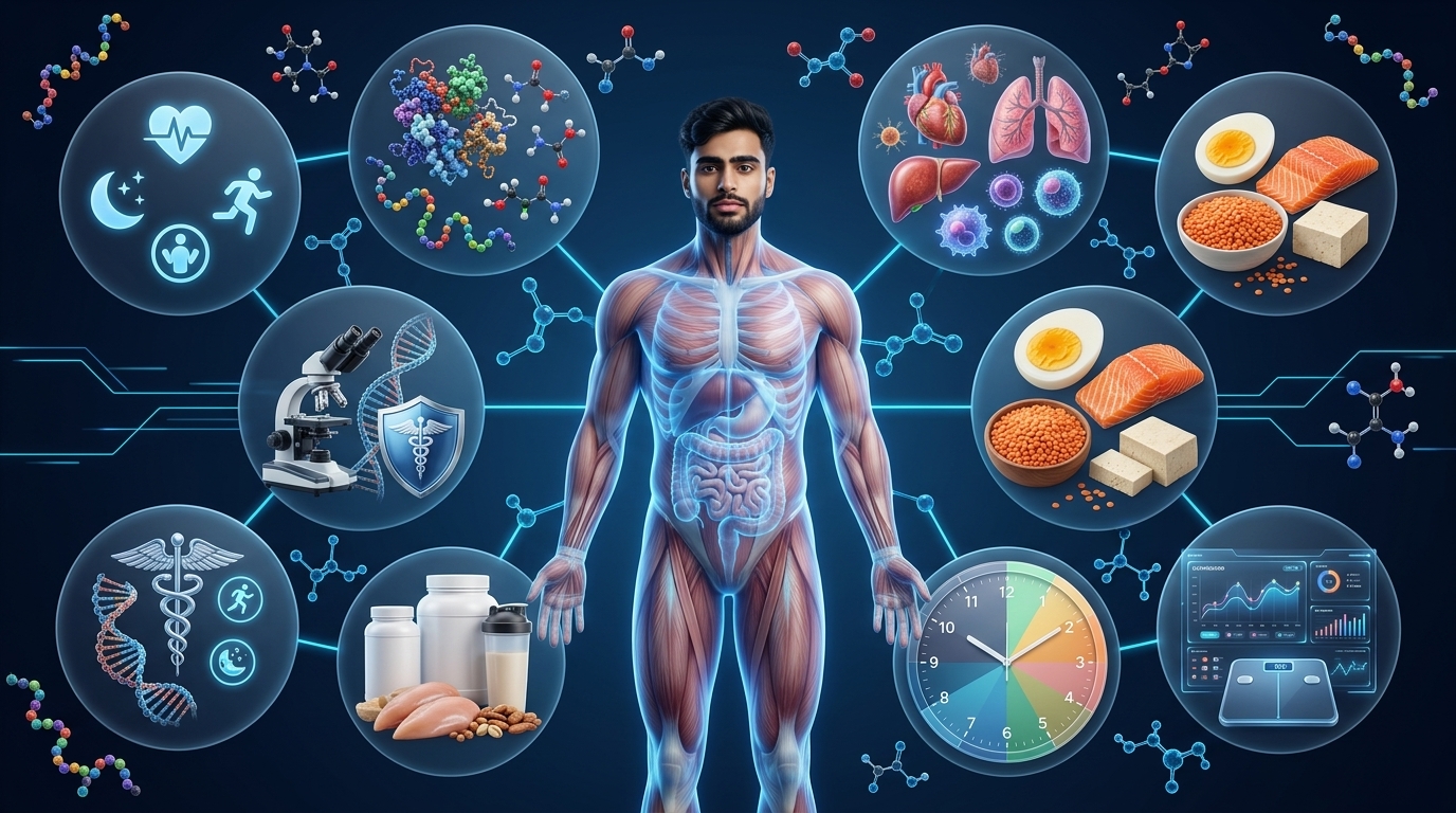 Scientific infographic summarizing the key concepts of protein, including its functions, food sources, daily requirements, meal timing, supplements, and evidence-based nutrition.