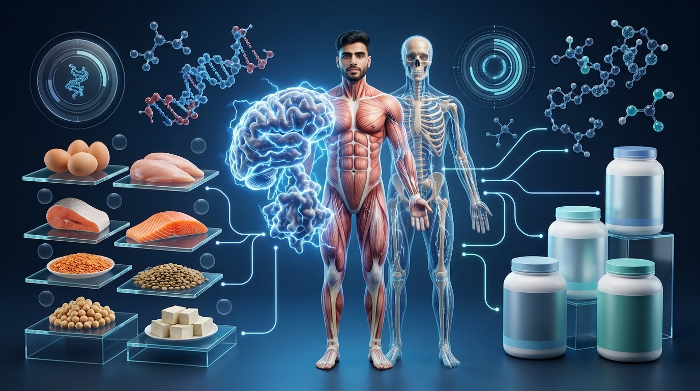 Scientific illustration comparing whey, casein, soy, and plant-based protein supplements alongside whole-food protein sources.