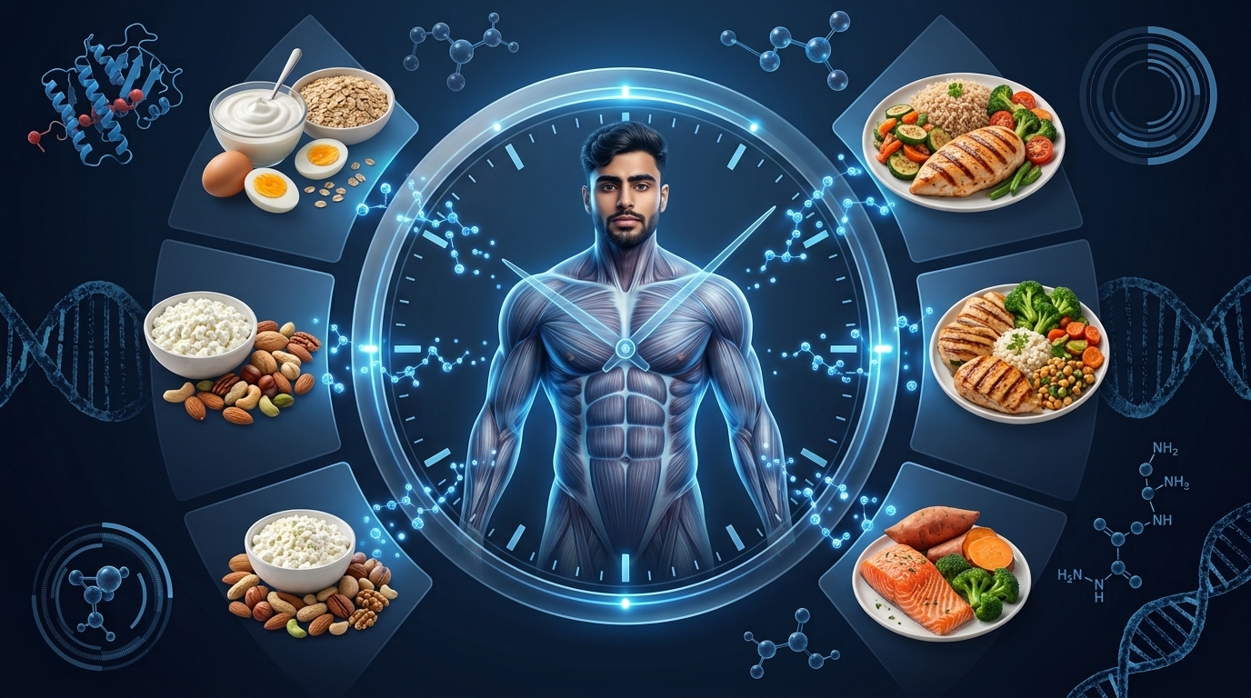 Scientific illustration showing protein distributed across breakfast, lunch, dinner, snacks, and post-workout recovery throughout the day.