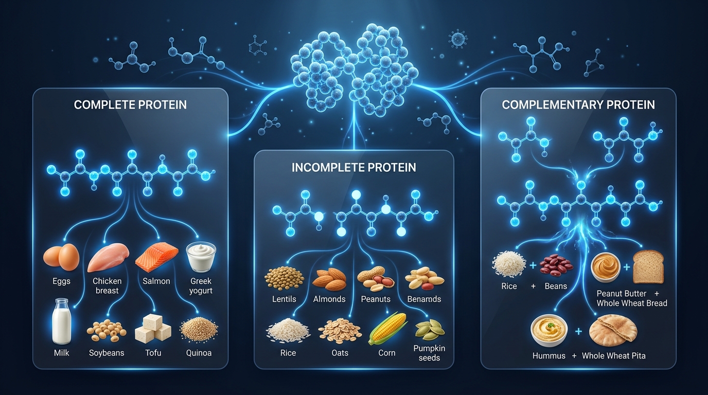 Scientific comparison showing complete, incomplete, and complementary proteins with amino acid profiles.