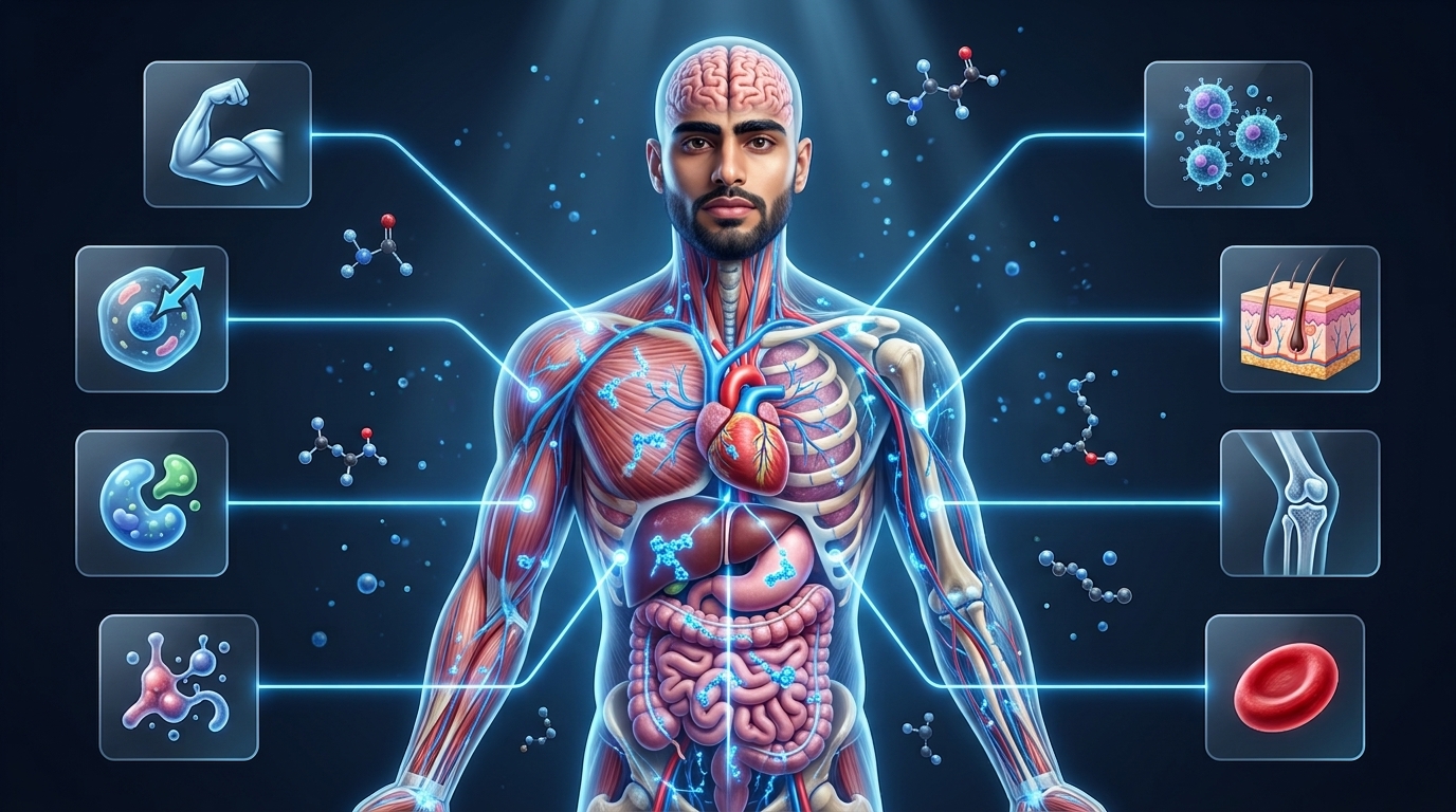 Scientific illustration showing protein supporting muscles, bones, skin, hormones, enzymes, and the immune system.
