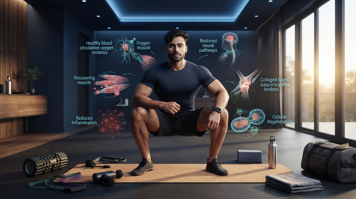 Athlete performing light stretching and mobility exercises on a recovery day while subtle scientific visualization illustrates improved circulation, muscle repair, and reduced fatigue.