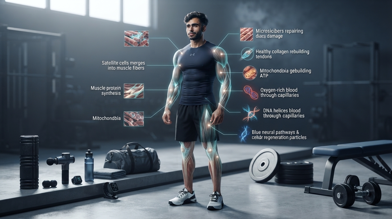 Illustration showing muscle fibers repairing after exercise with scientific visualization of muscle protein synthesis, satellite cells, and cellular adaptation.