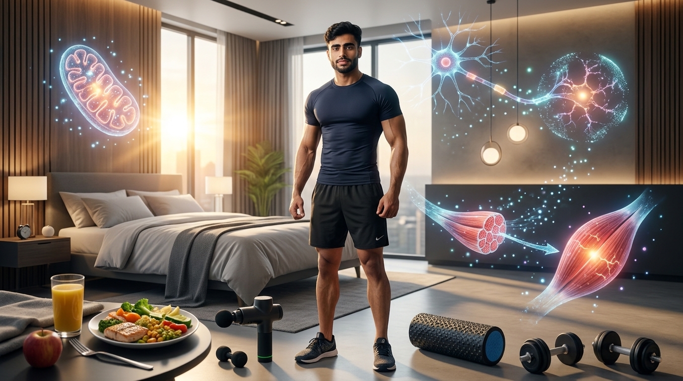 Athlete demonstrating complete recovery habits including quality sleep, balanced nutrition, hydration, mobility, and intelligent training with subtle scientific visualization of full-body recovery.