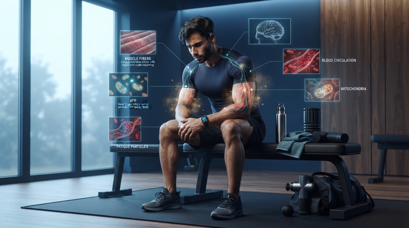 Athlete experiencing excessive fatigue with subtle scientific visualization showing nervous system fatigue, muscle stress, and reduced recovery capacity.