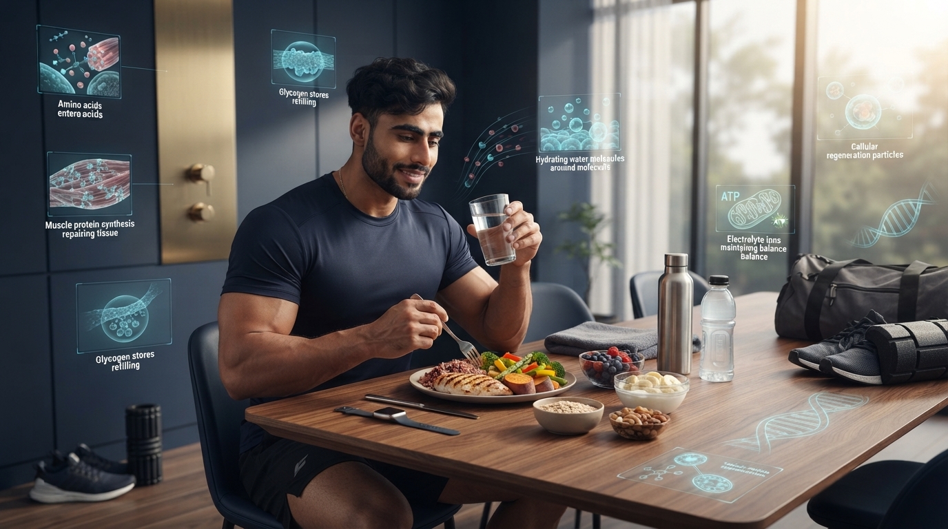 Athlete consuming a balanced recovery meal while drinking water with subtle scientific visualization of muscle repair, glycogen replenishment, hydration, and cellular recovery.