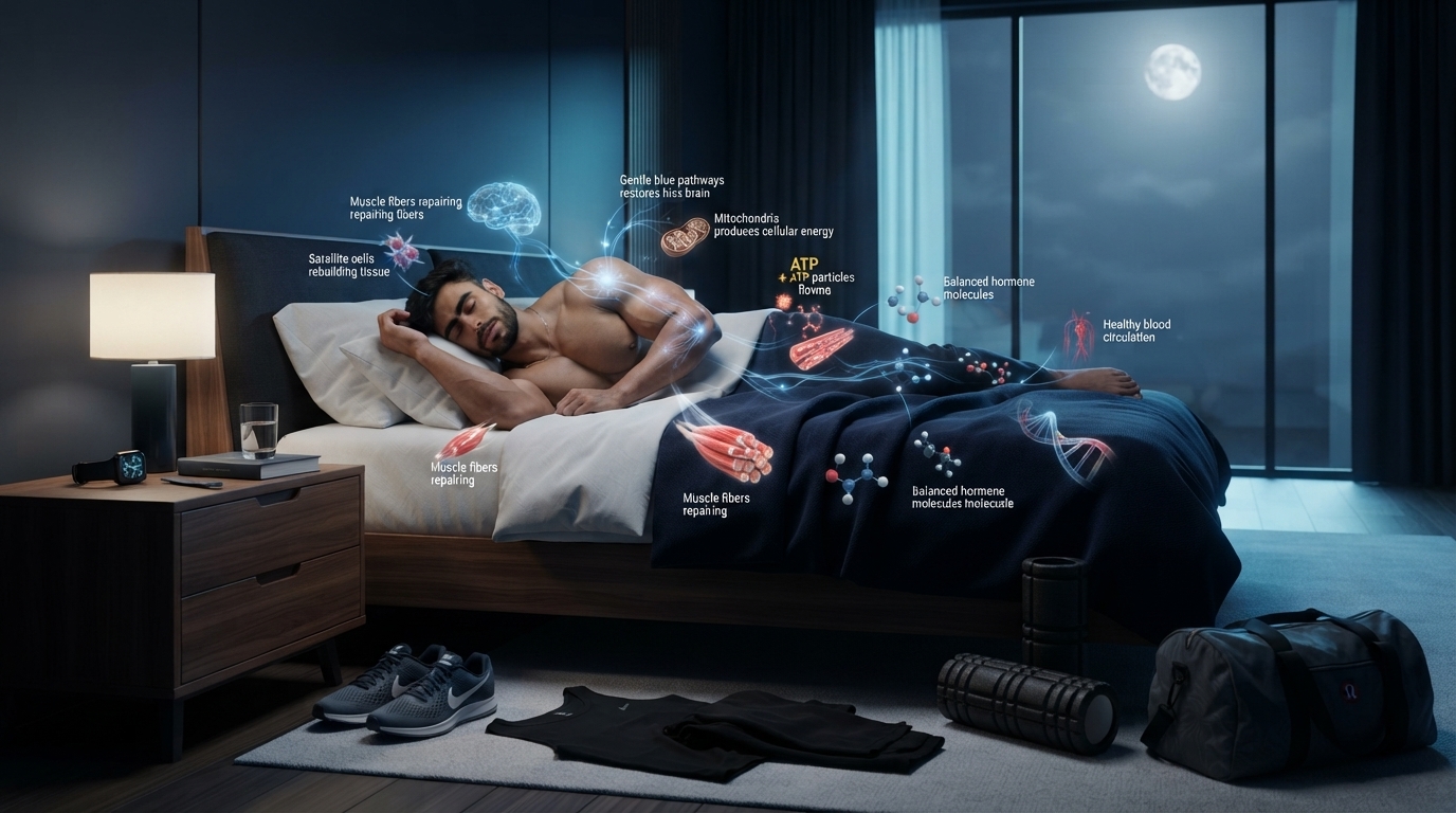 Athlete sleeping peacefully while subtle scientific visualization shows muscle repair, brain recovery, hormone regulation, and cellular regeneration during sleep.