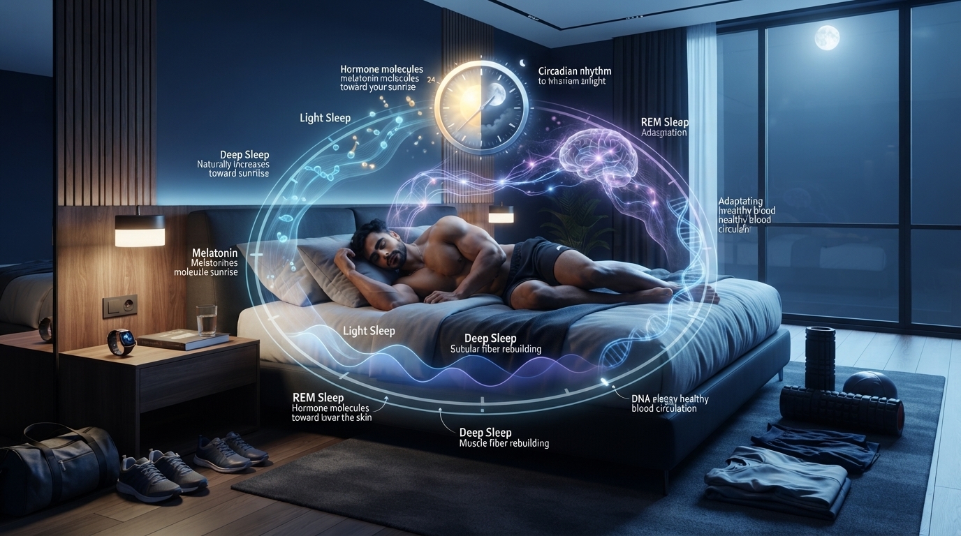 Illustration showing an athlete sleeping while subtle scientific visualization explains sleep cycles, circadian rhythm, brain activity, hormone release, and muscle recovery.