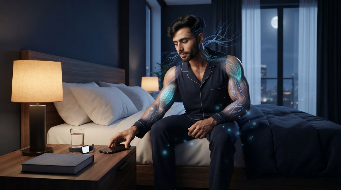 Athlete following healthy bedtime habits in a calm bedroom while subtle scientific visualization illustrates circadian rhythm, melatonin release, and deep restorative sleep.