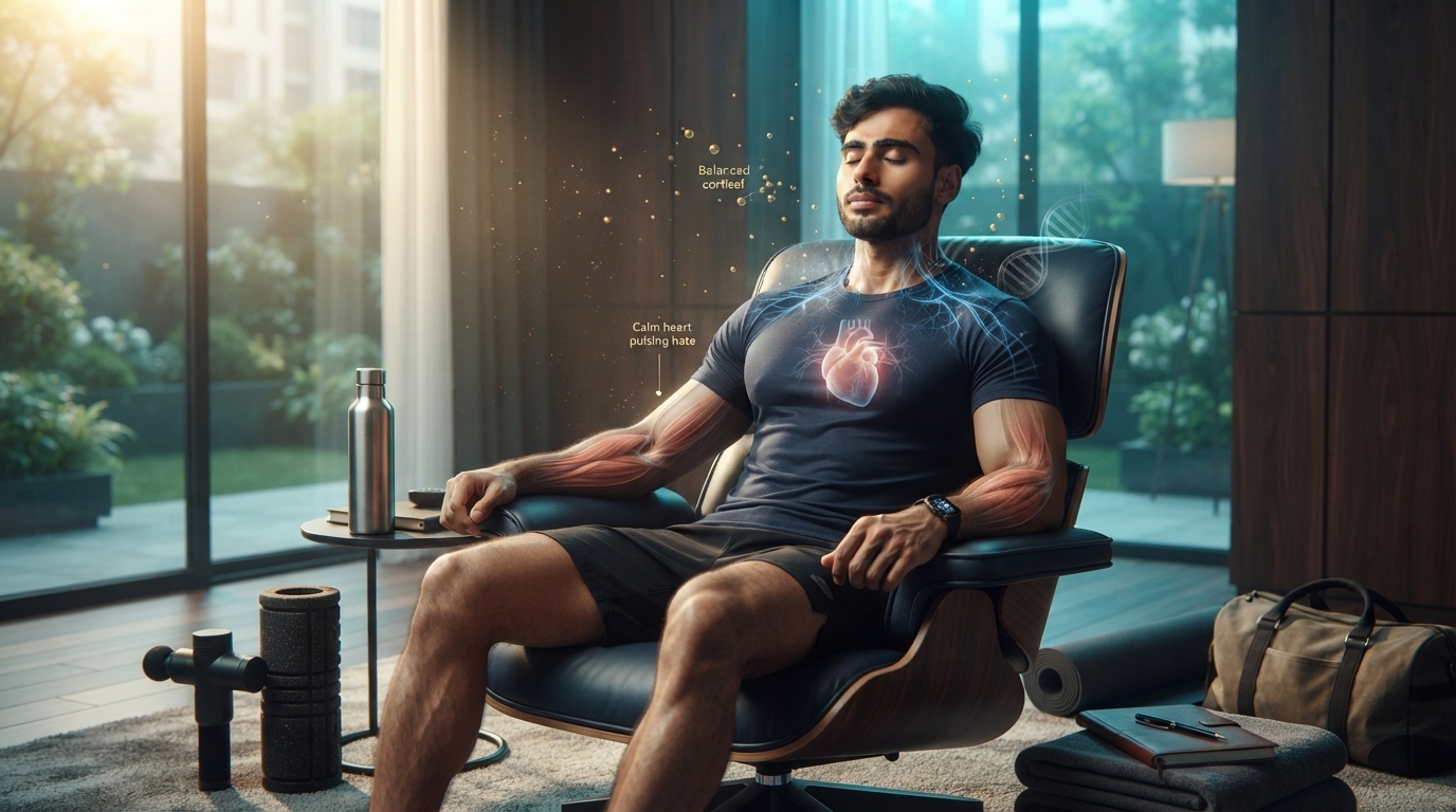 Athlete managing stress with subtle scientific visualization of cortisol balance, nervous system recovery, hormone regulation, and reduced fatigue.