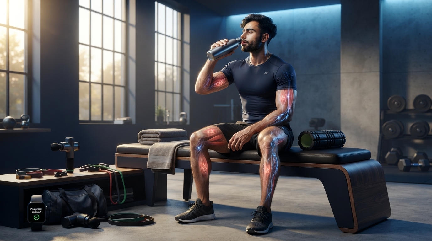 Illustration showing an athlete recovering through quality sleep, proper hydration, nutrition, and muscle repair.
