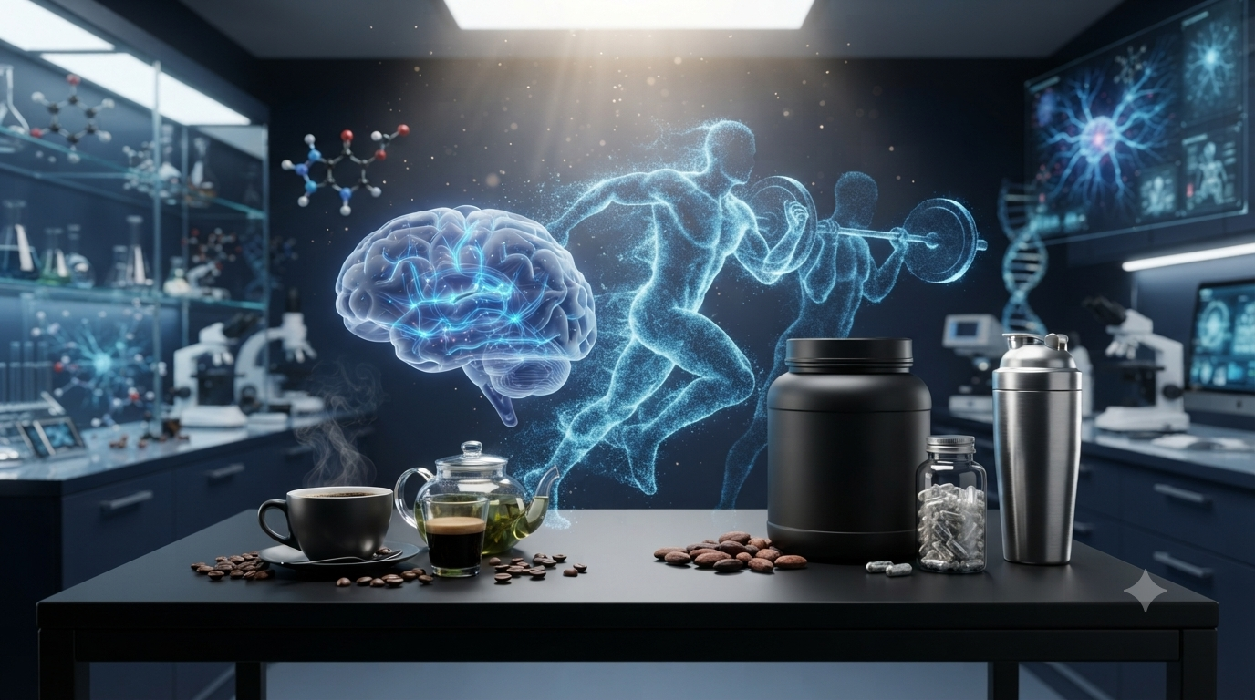 Illustration showing caffeine sources such as coffee and pre-workout supplements supporting athletic performance.