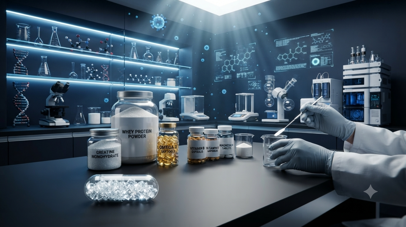 Illustration showing high-quality dietary supplements undergoing laboratory quality testing.
