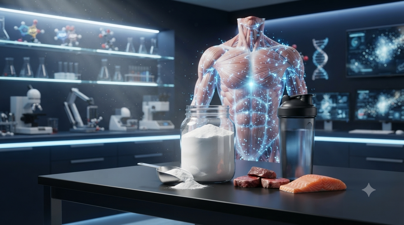 Illustration showing creatine monohydrate powder, muscle energy production, and resistance training.