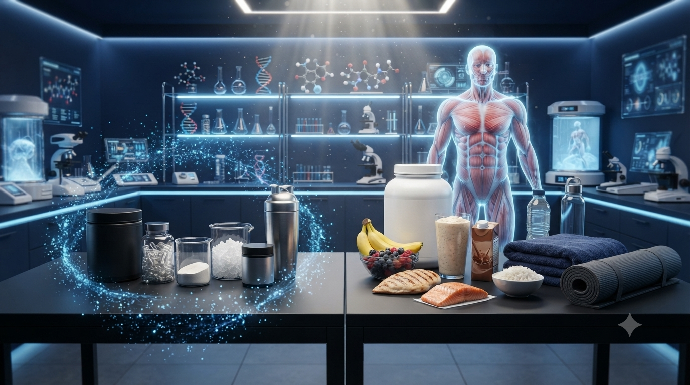 Illustration showing pre-workout supplements, recovery nutrition, and post-workout hydration.