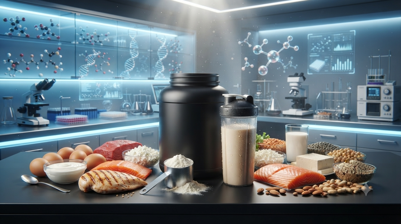 Illustration showing whey protein powder, protein shake, and high-protein whole foods.