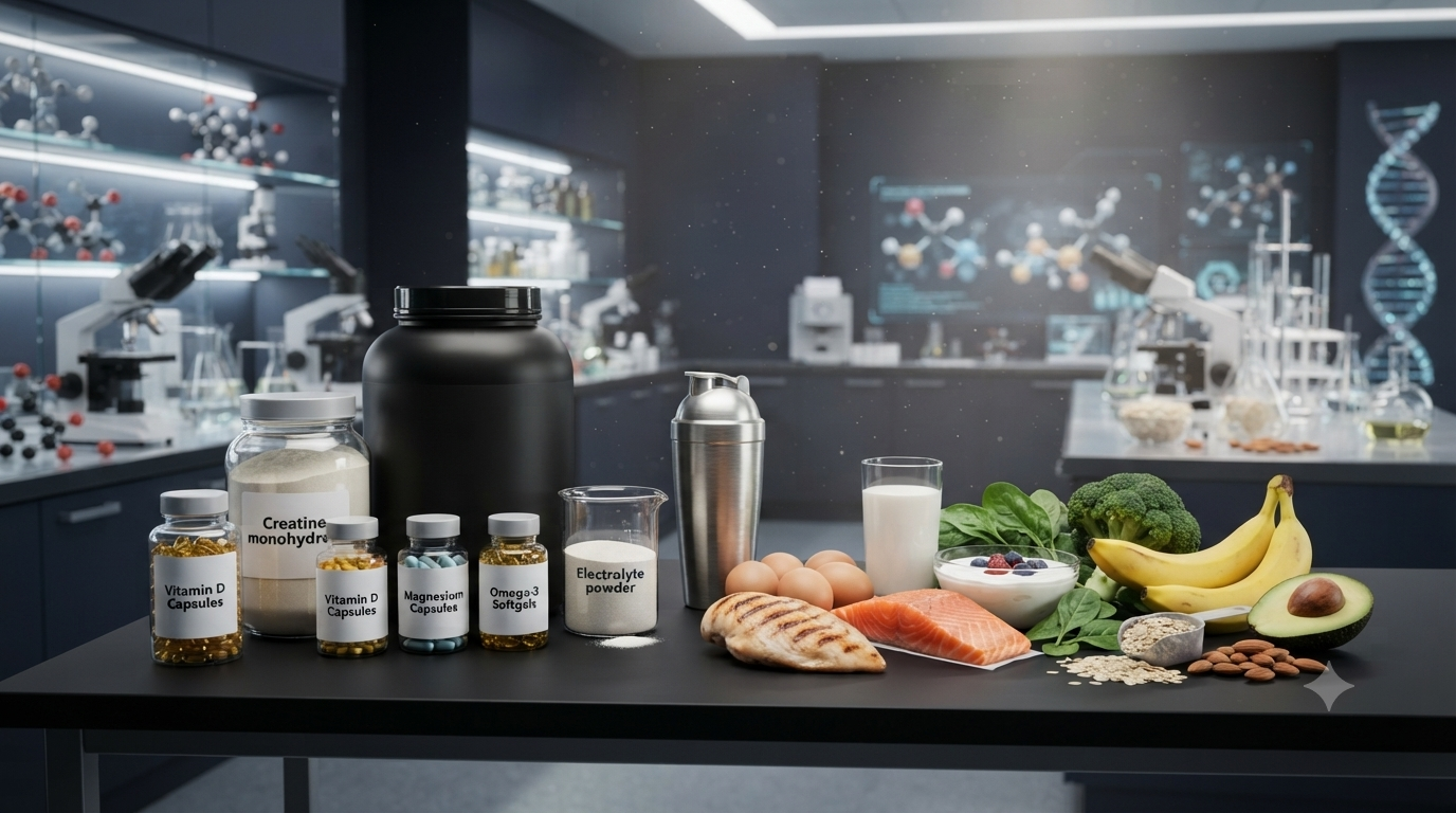 Illustration showing common dietary supplements including protein powder, creatine, vitamins, omega-3, and electrolyte supplements.