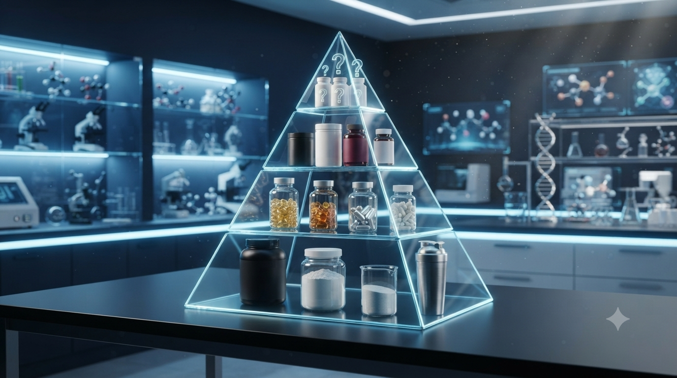 Illustration showing the evidence pyramid ranking dietary supplements from strongest scientific evidence to weakest.