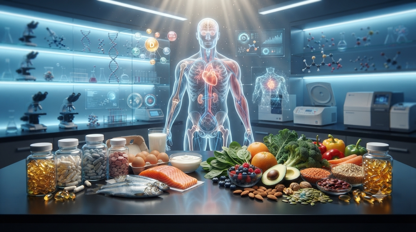 Illustration showing vitamins, minerals, omega-3 supplements, and nutrient-rich whole foods.