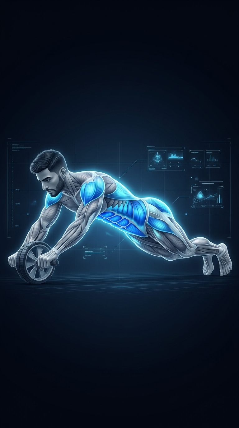 Ab Wheel Rollout muscle anatomy highlighting the rectus abdominis, obliques, transverse abdominis, lats, shoulders, and hip flexors