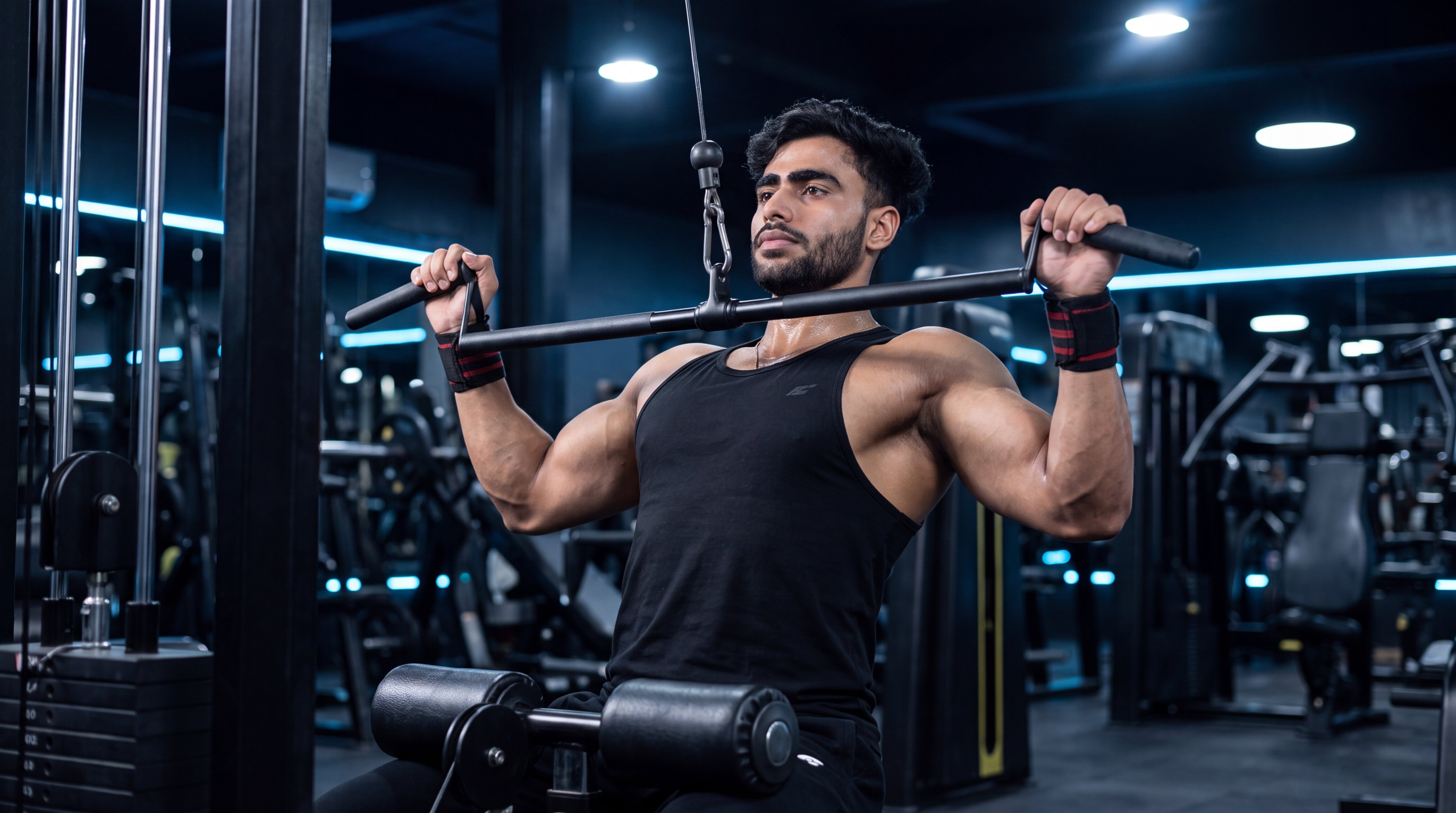 Athlete performing a back exercise in a premium gym