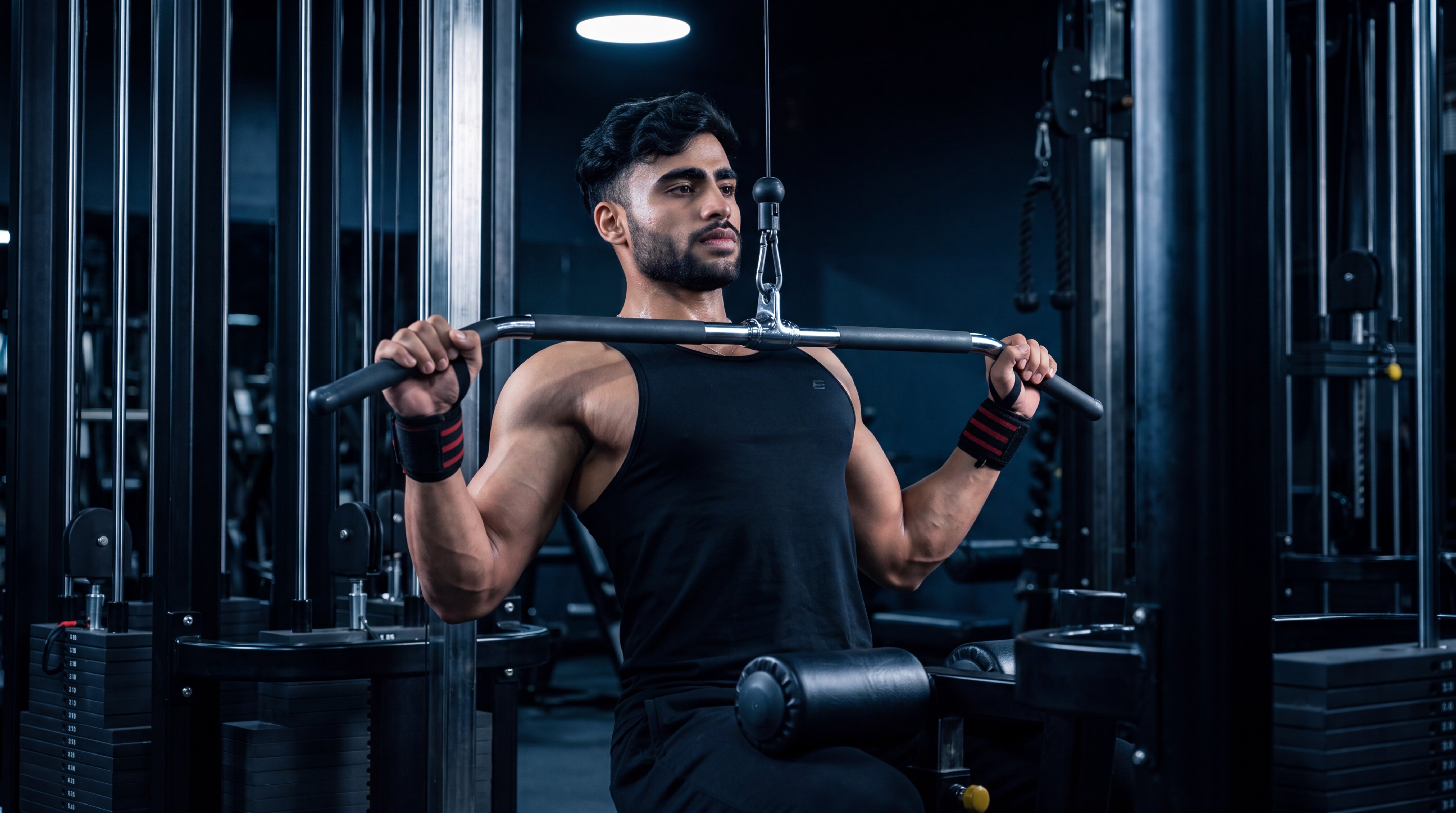 Athlete performing a lat pulldown with proper technique
