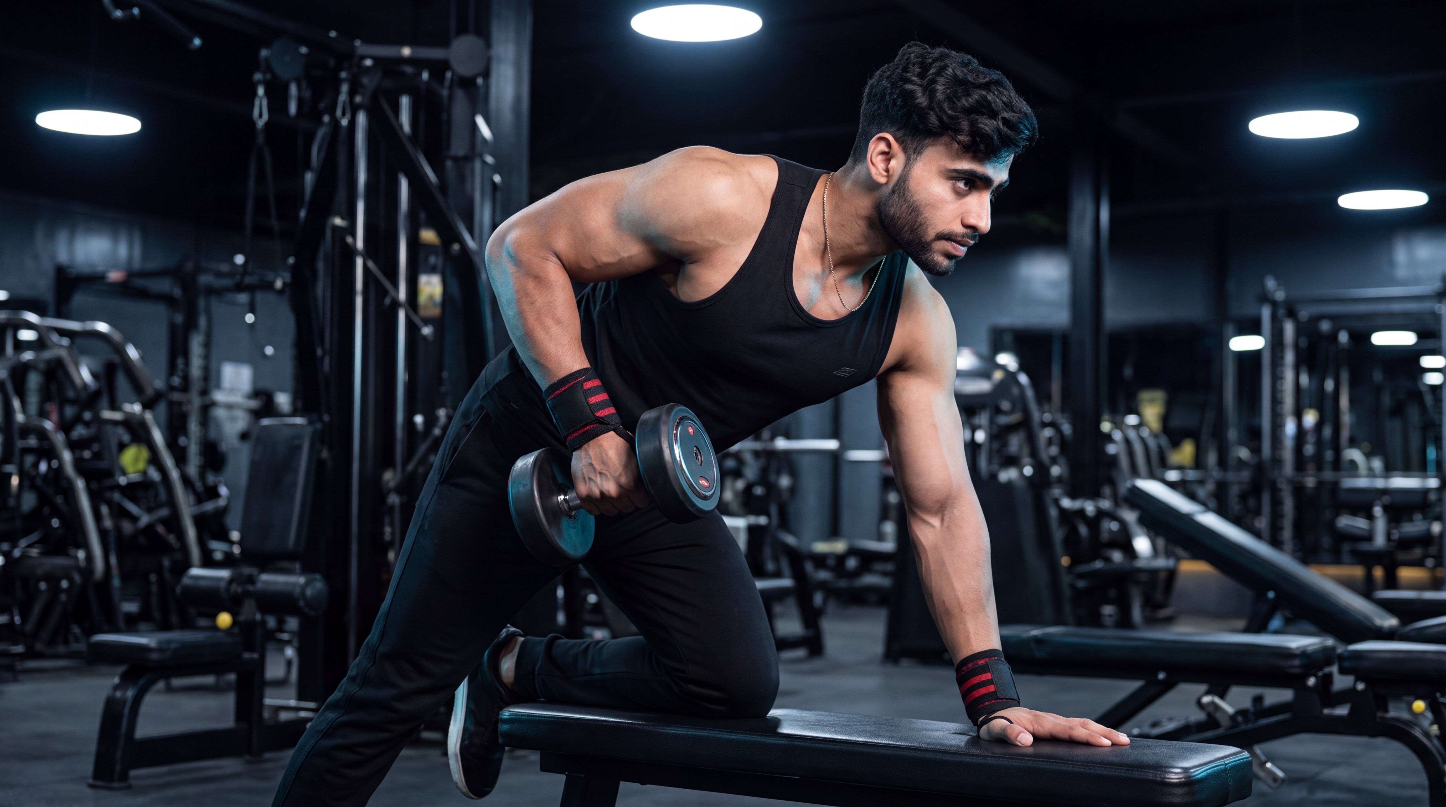 Athlete performing a one-arm dumbbell row