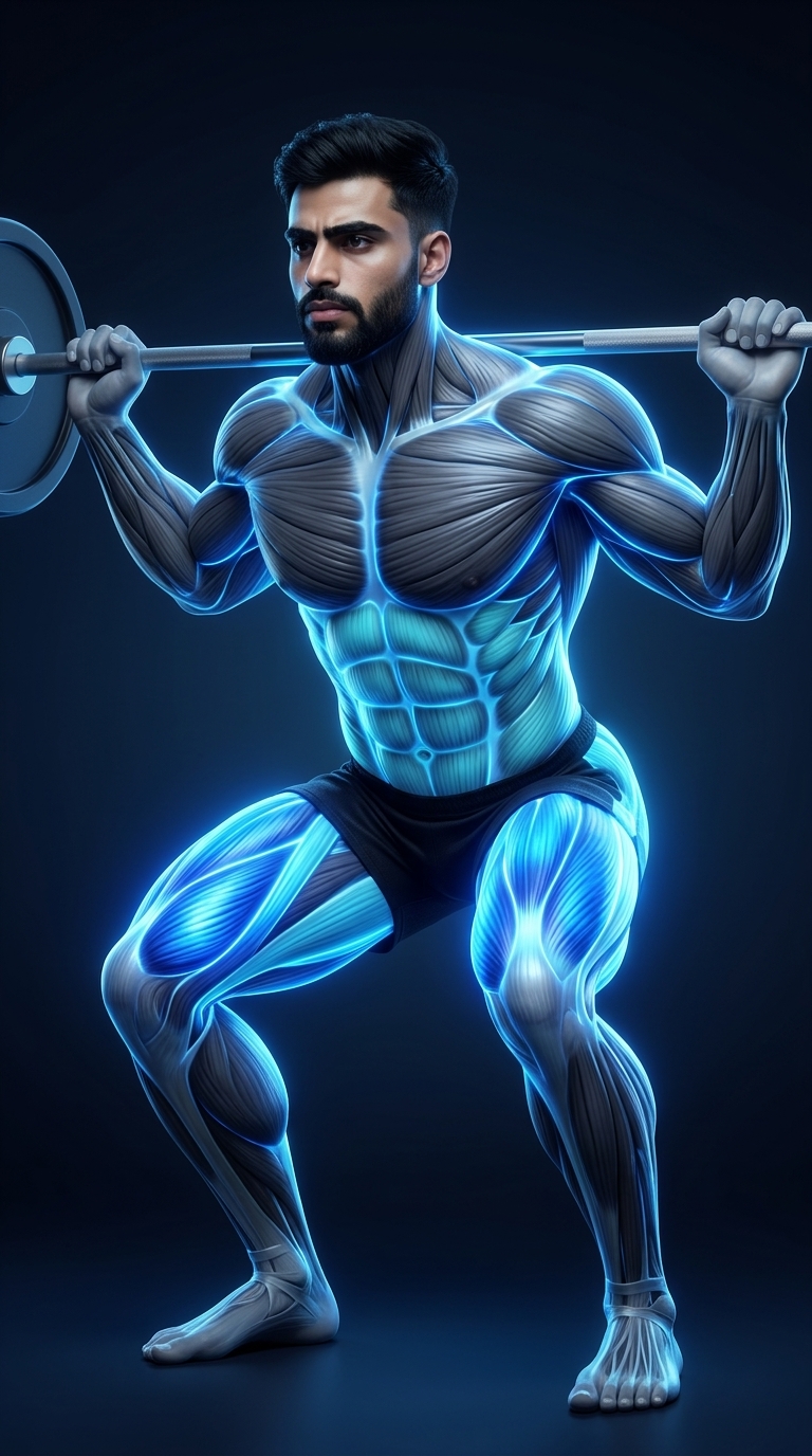 Barbell Back Squat muscle anatomy highlighting the quadriceps, glutes, hamstrings, and supporting muscles