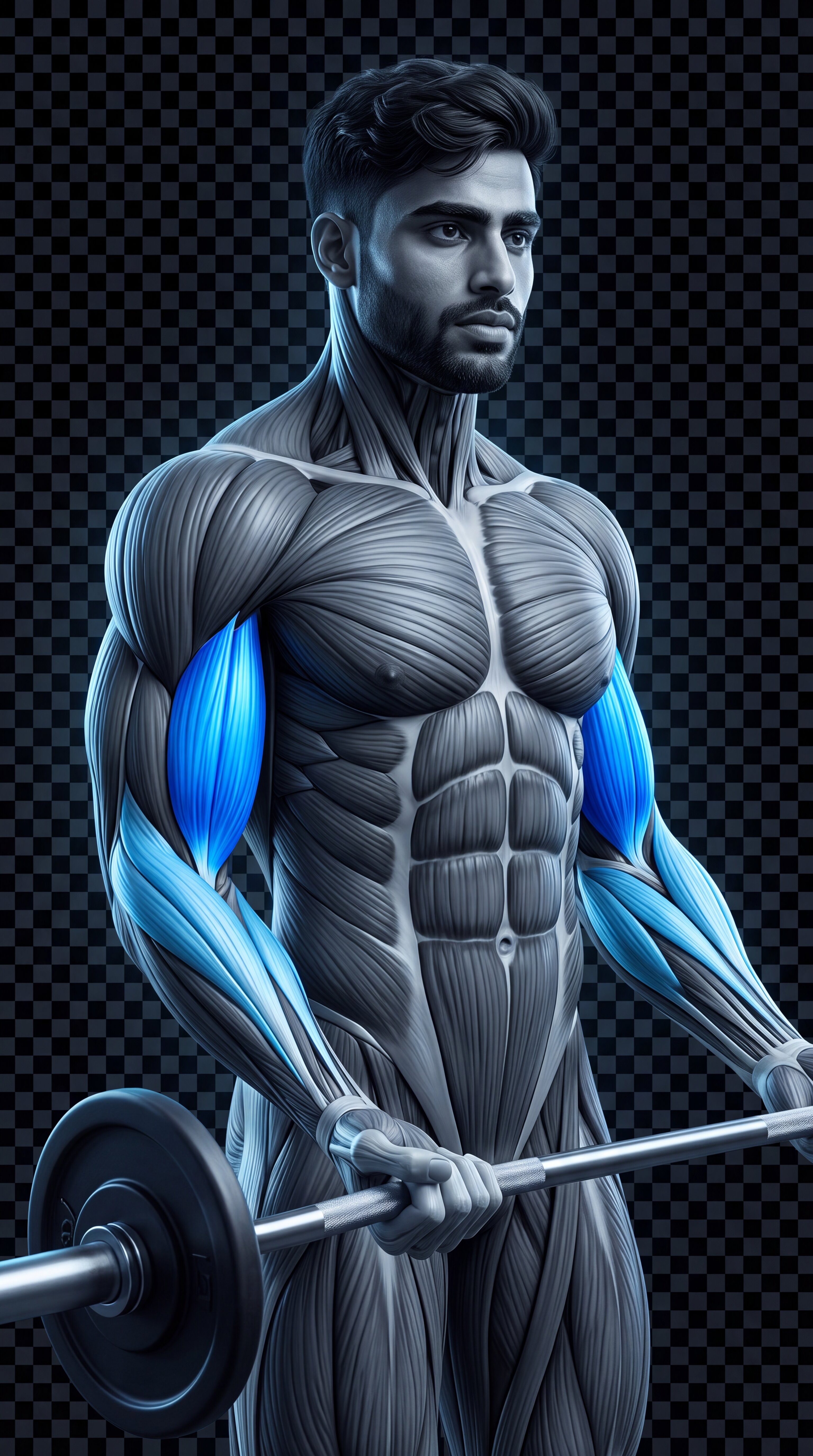 Barbell Curl muscle anatomy showing the biceps brachii as the primary target muscle