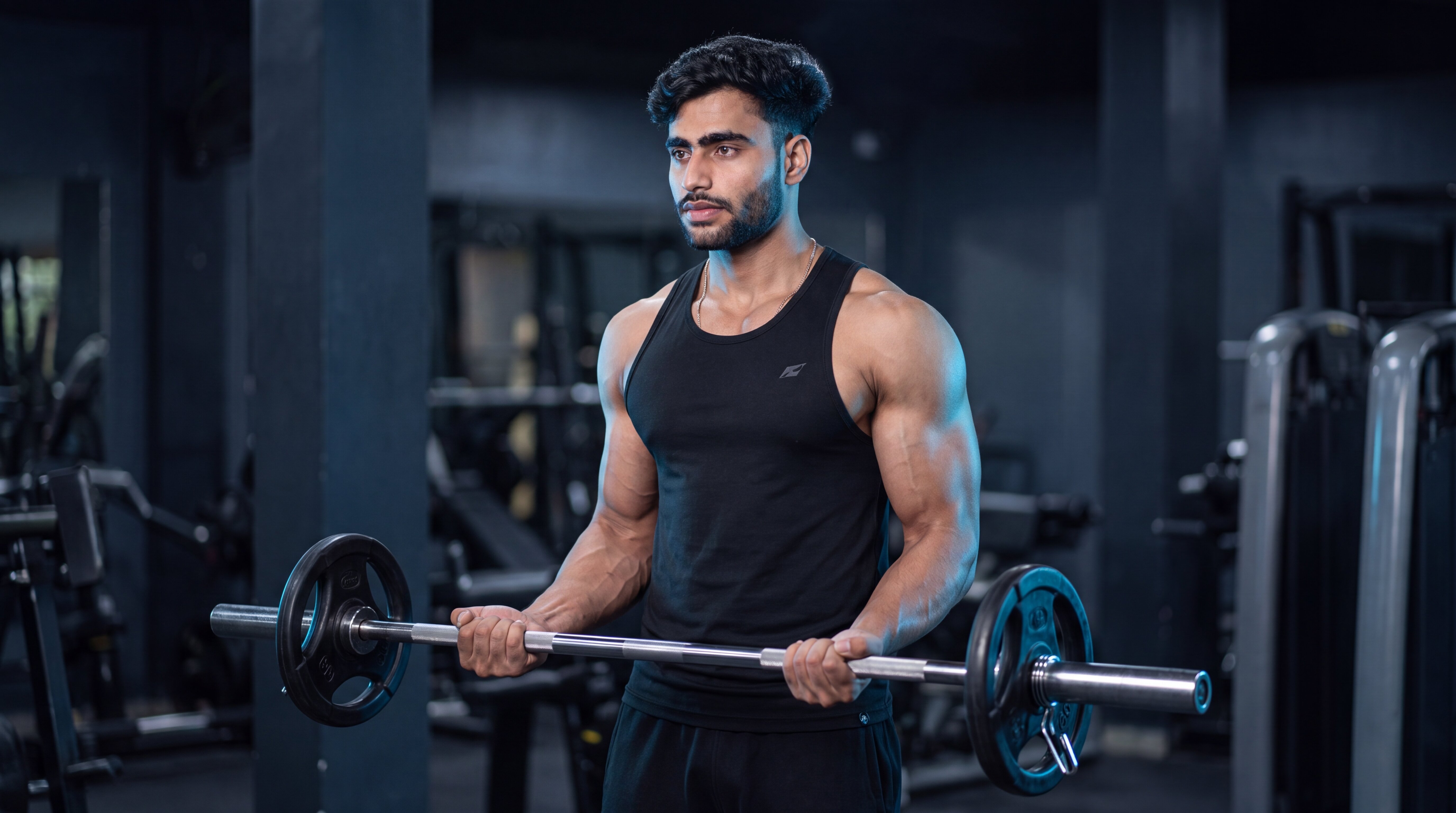 Athlete performing a standing barbell curl