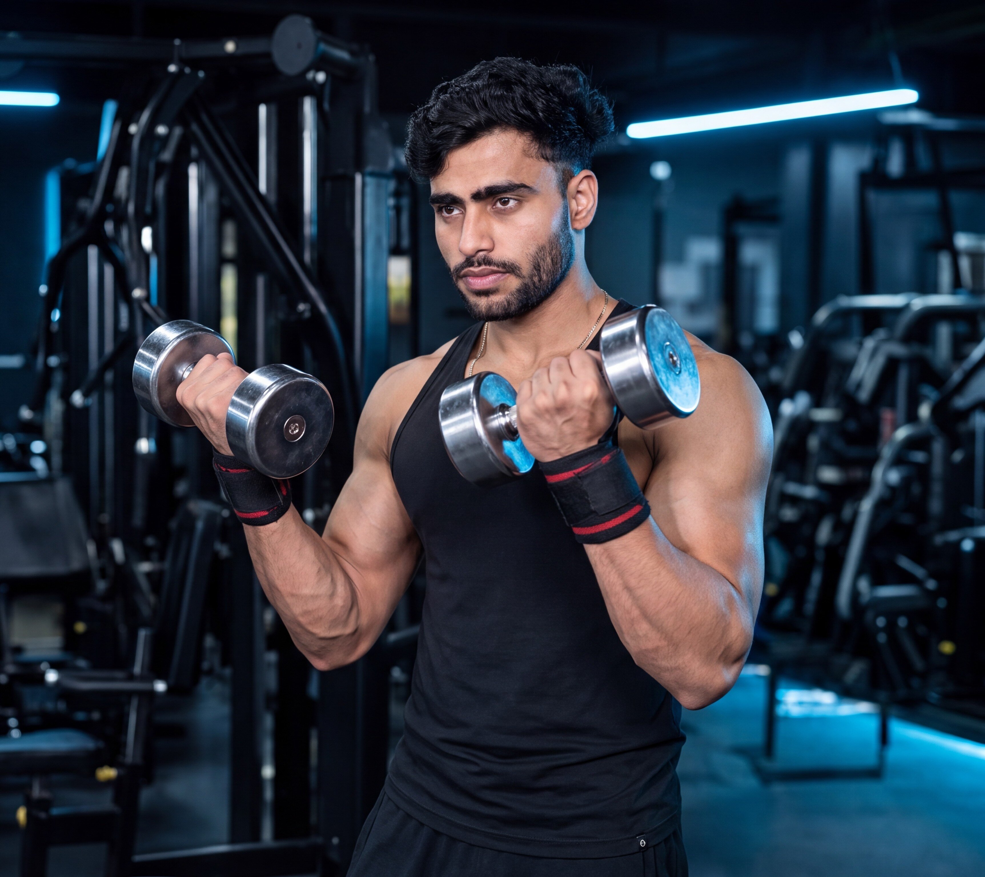 Athlete performing a biceps exercise in the gym