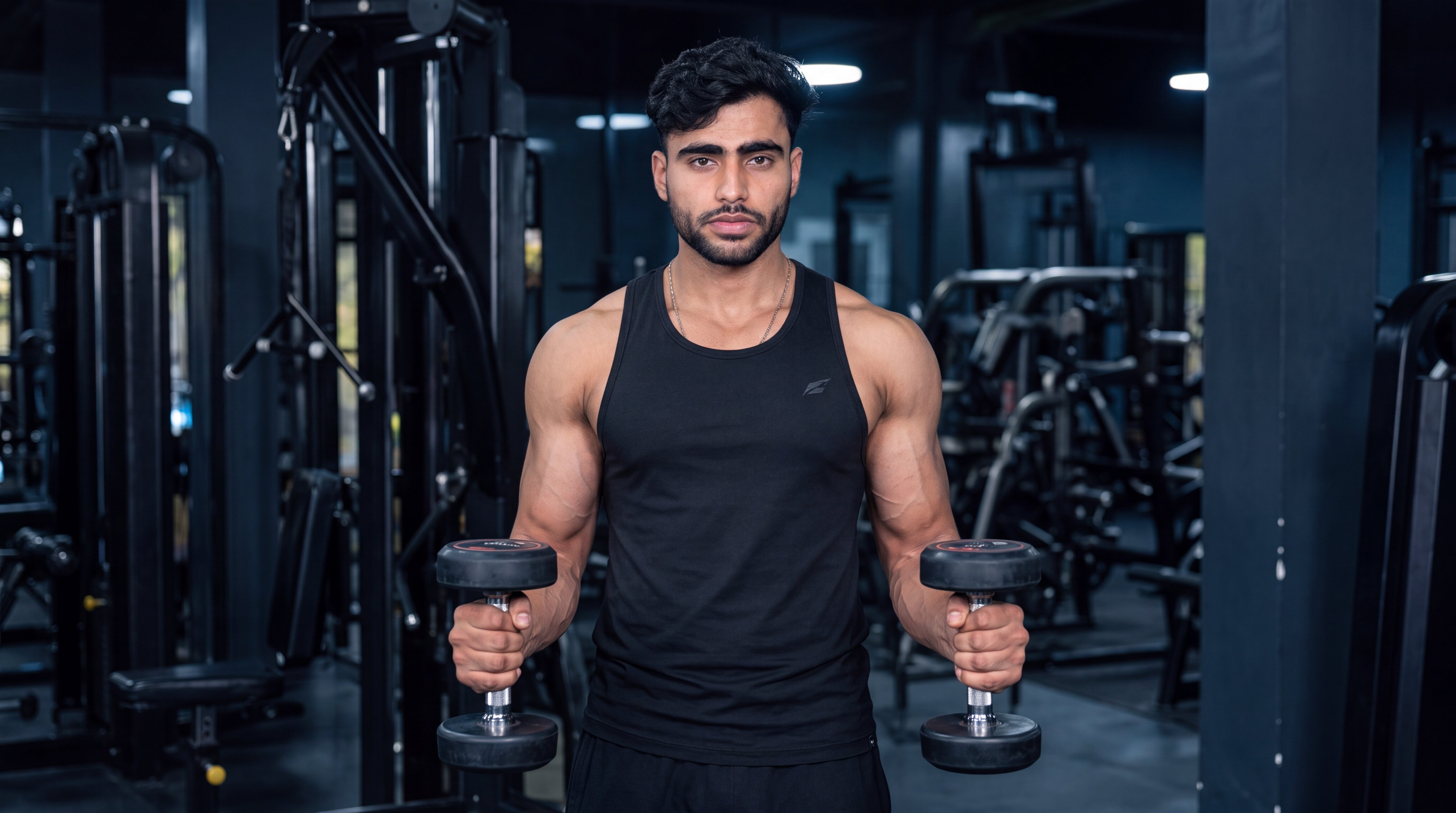 Athlete performing a standing dumbbell hammer curl