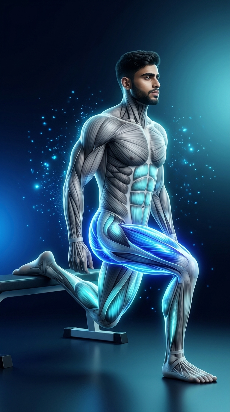 Bulgarian Split Squat muscle anatomy highlighting the quadriceps, glutes, hamstrings, calves, and core muscles