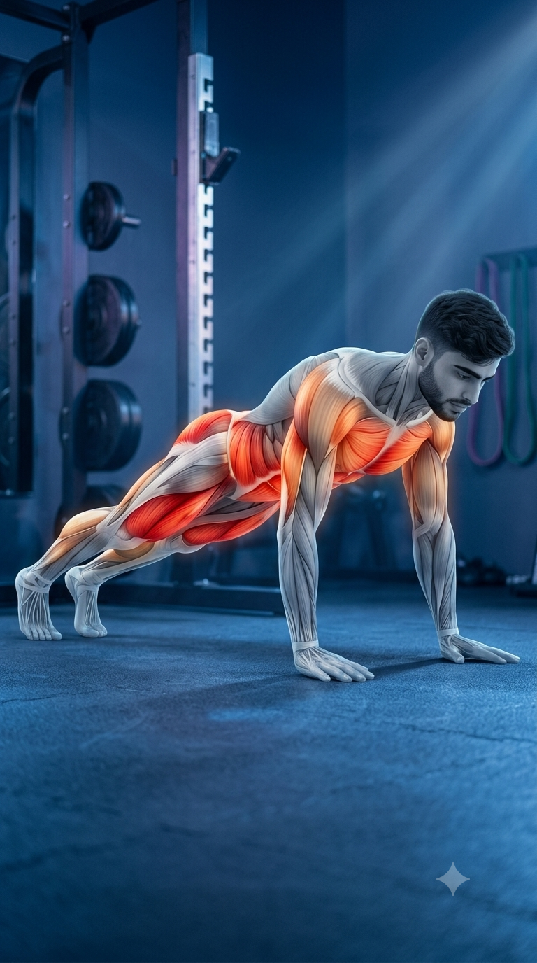 Burpees muscle anatomy highlighting the chest, shoulders, triceps, core, glutes, quadriceps, hamstrings, and calves
