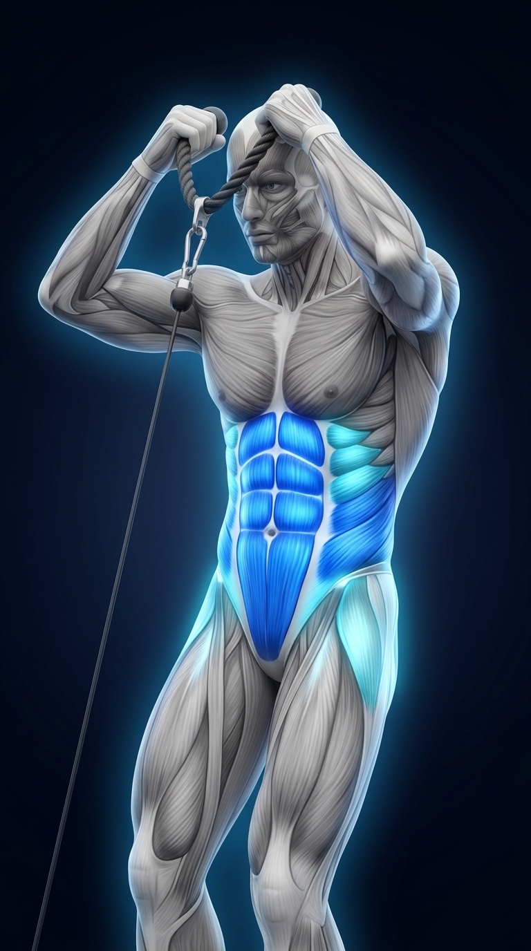 Cable Crunch muscle anatomy highlighting the rectus abdominis, obliques, transverse abdominis, and hip flexors