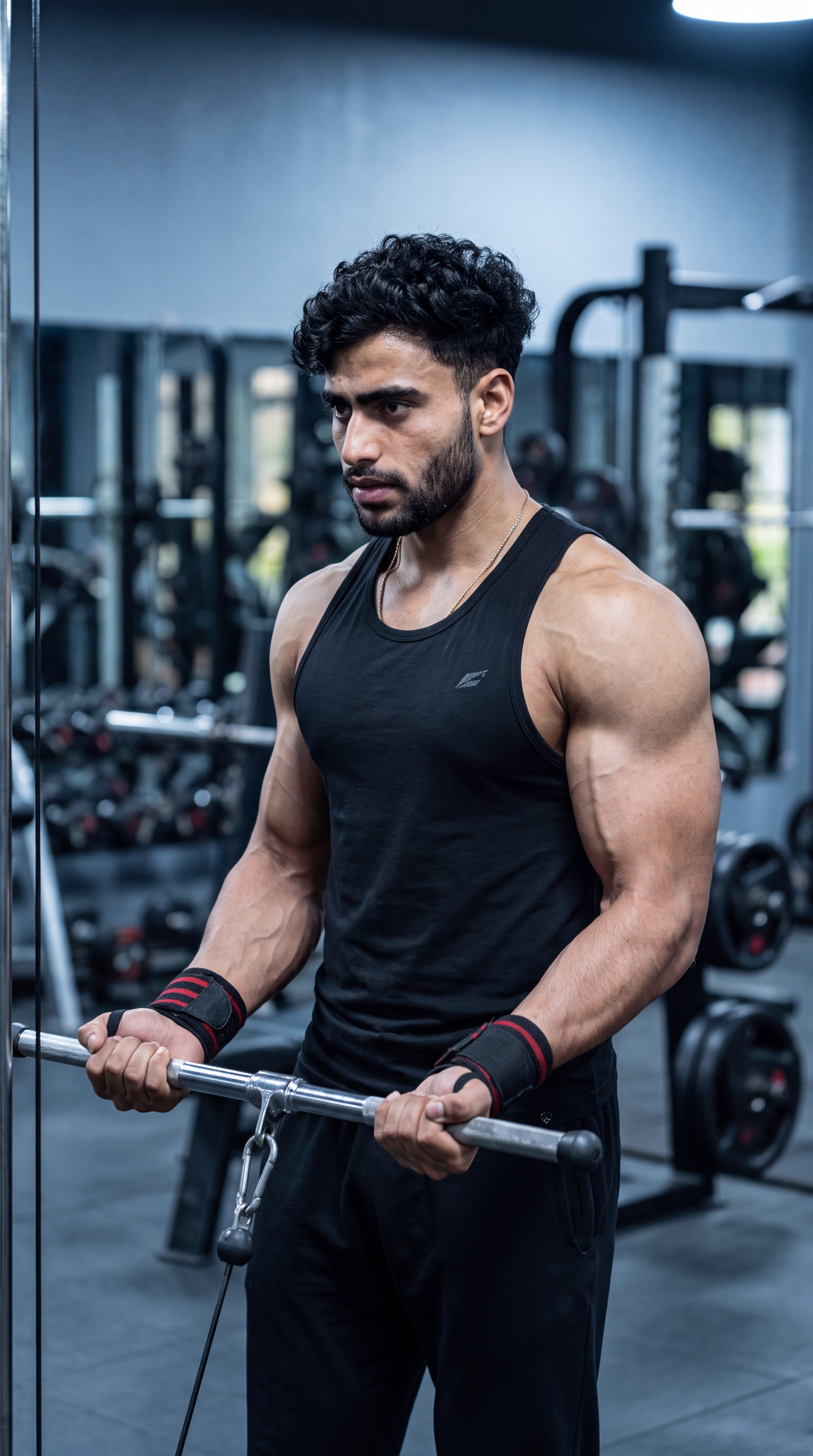 Athlete performing a standing cable curl using a cable machine with proper form